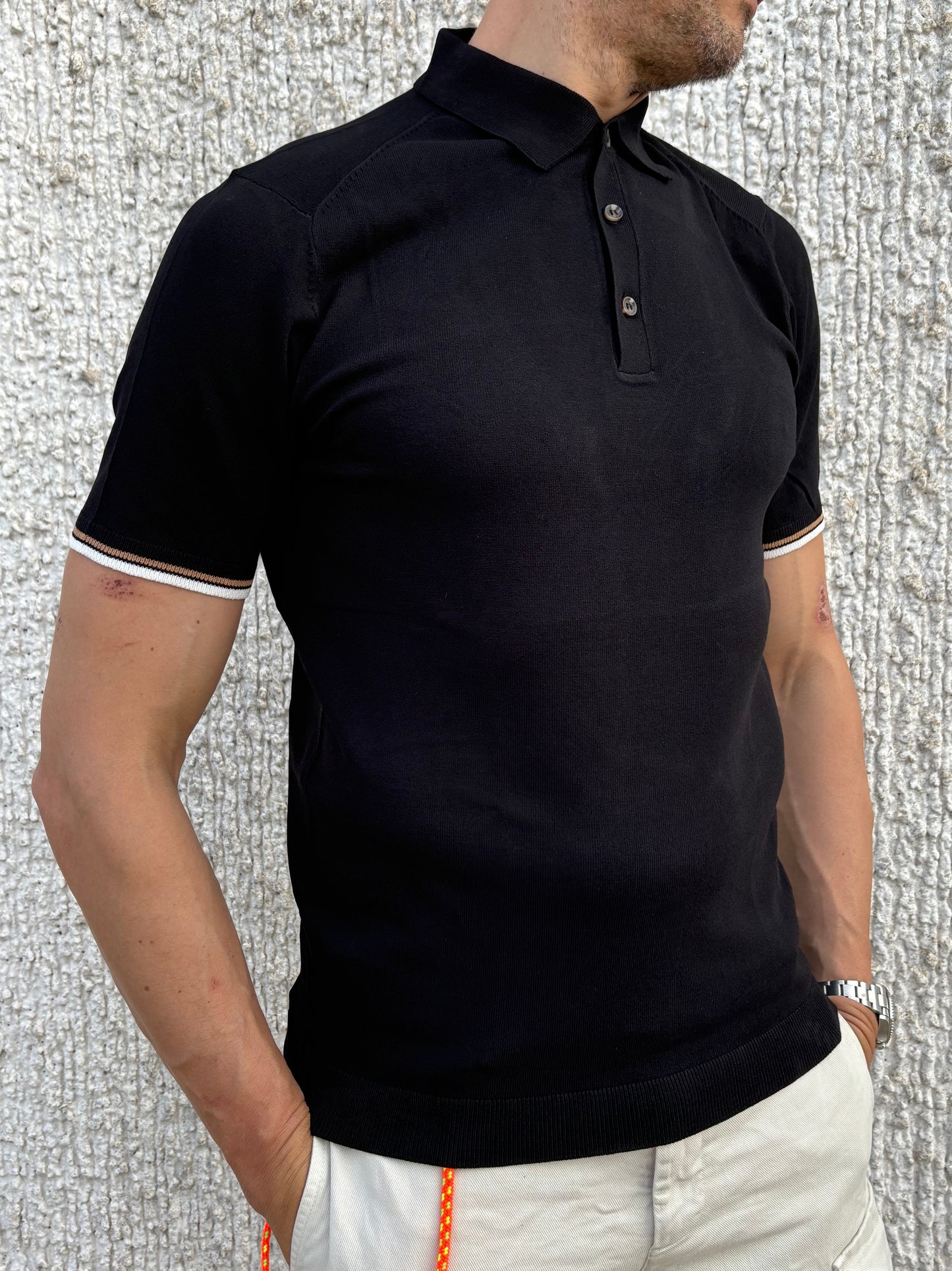 loft88 polo mezza manica bordo beige bianco  in filo di cotone  NERO