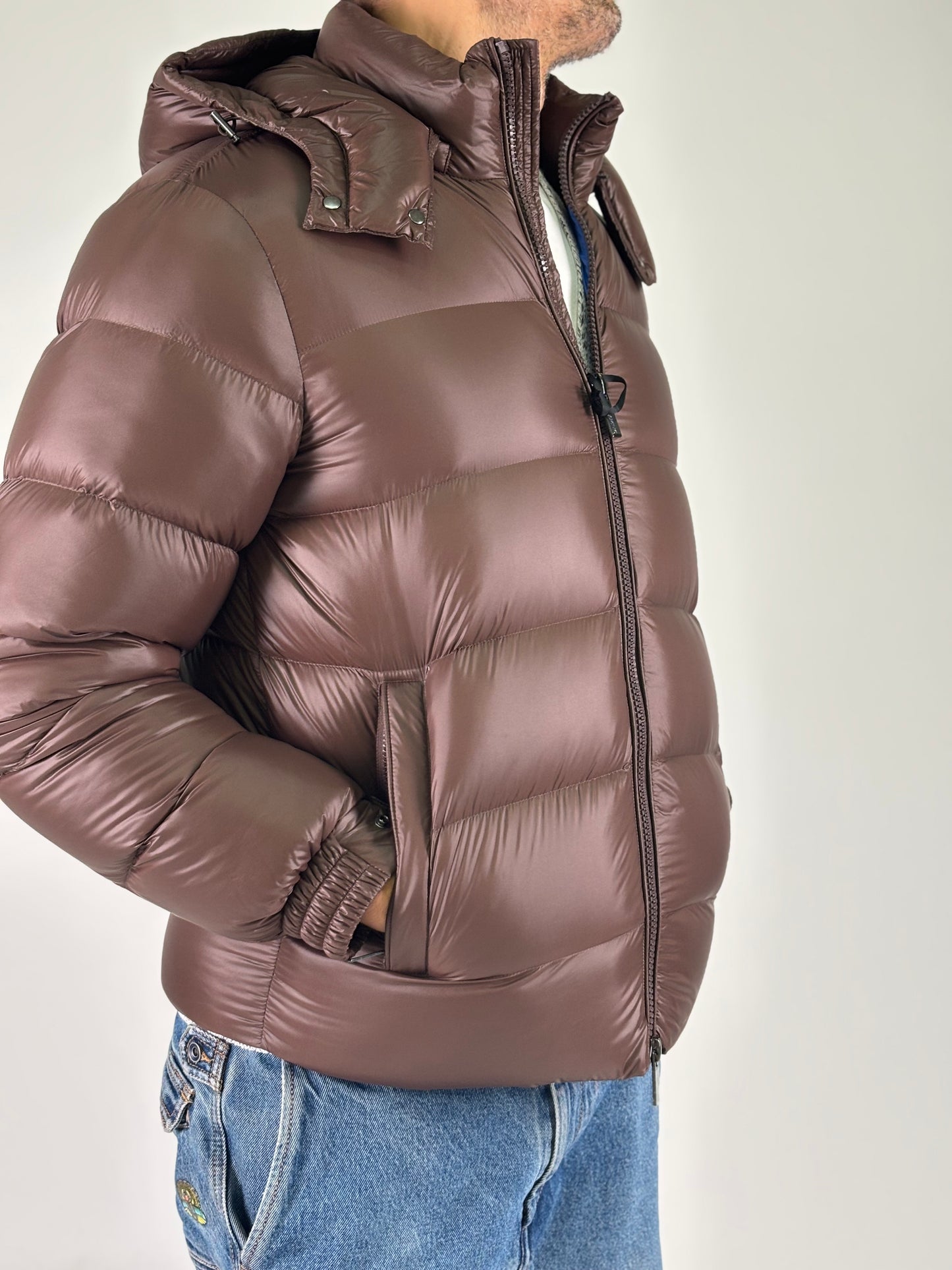 Heskimo piumino corto con cappuccio vera piuma d'oca MARRONE