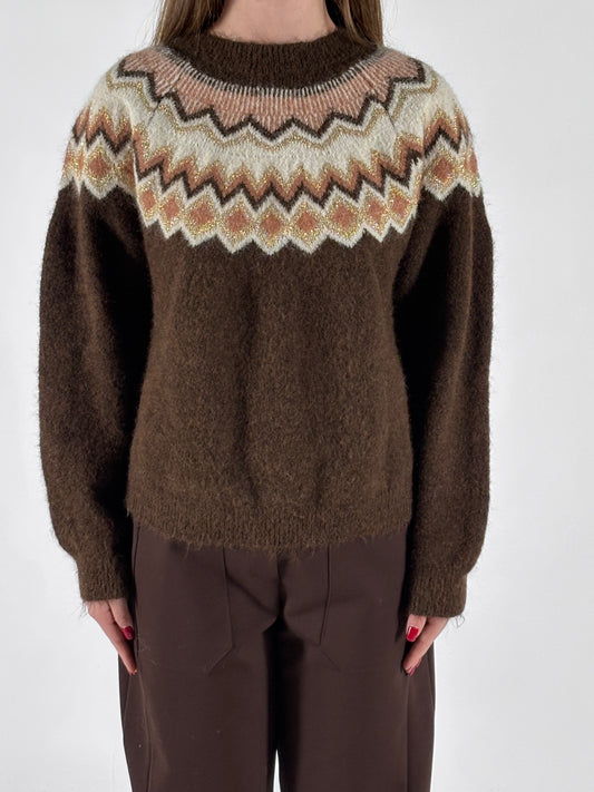 Susy mix maglia girocollo jaquard lurex MARRONE