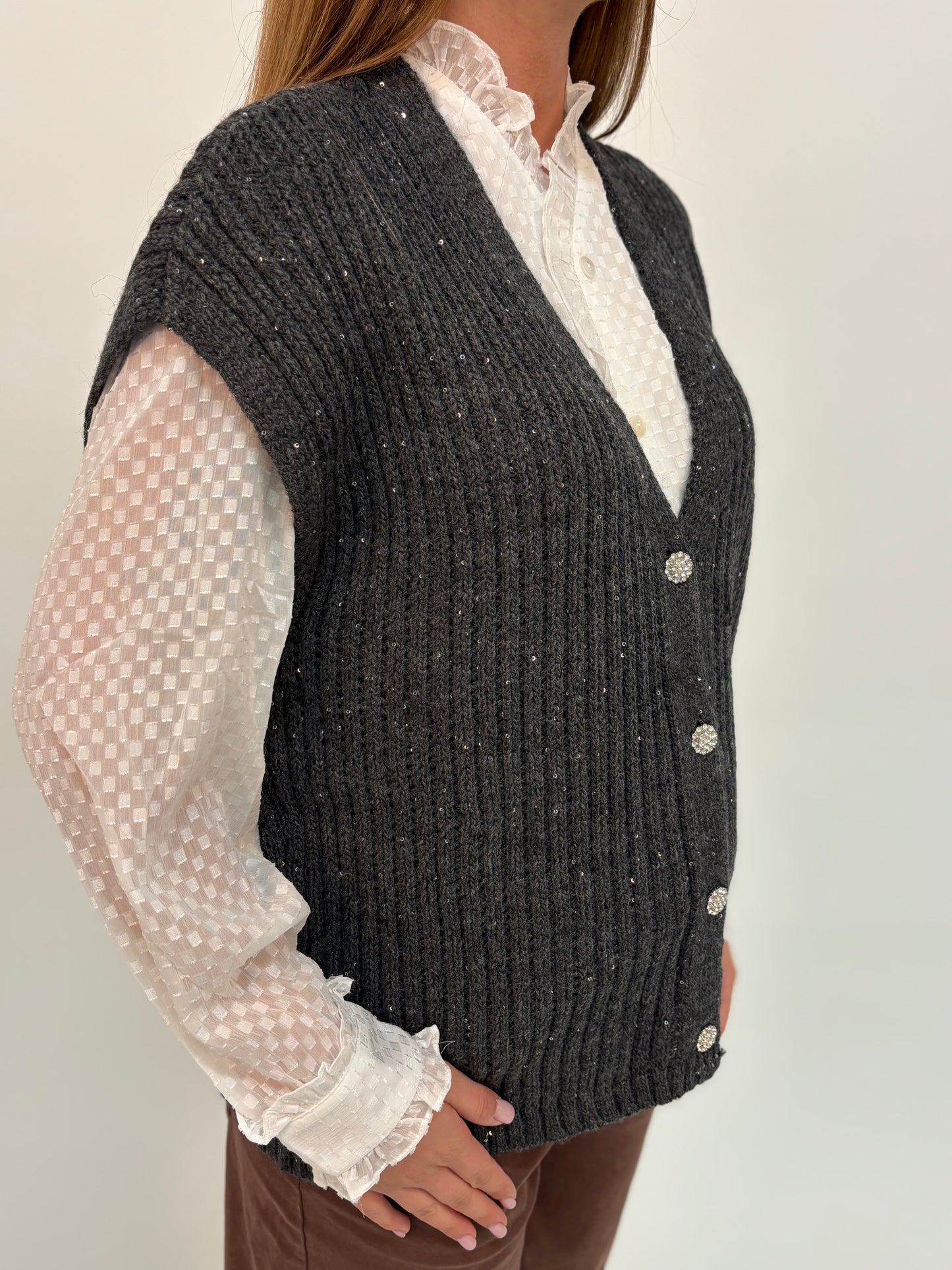 Kocca Cardigan smanicato bottoni gioiello GRIGIO
