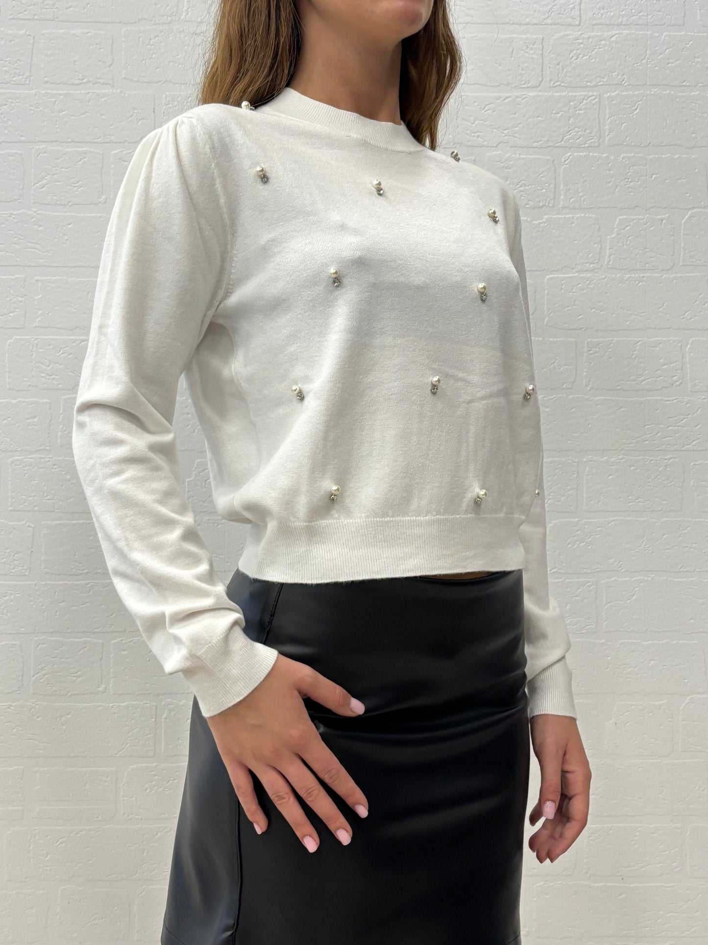 Griffai Maglia ml sbuffo con perle e strass PANNA