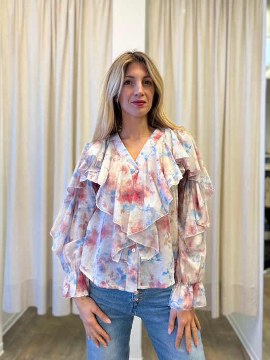 Susy Mix Camicia con rouches scollo v ROSA/AZZURRO