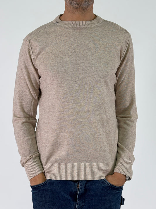 Loft88 Maglia ml girocollo in lana con toppa a righe BEIGE