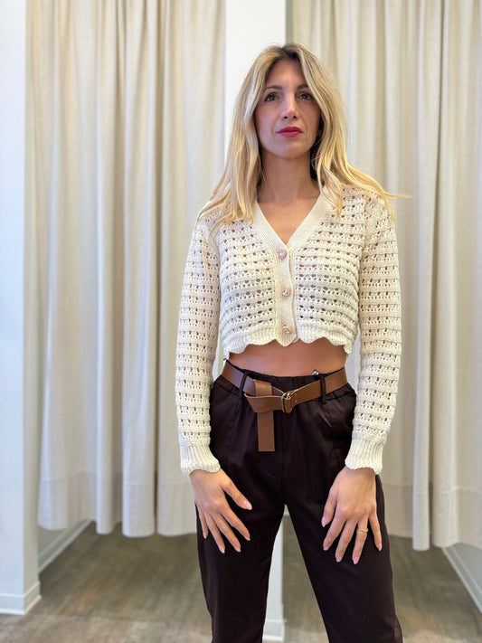 Susy Mix Cardigan effetto rete corto PANNA