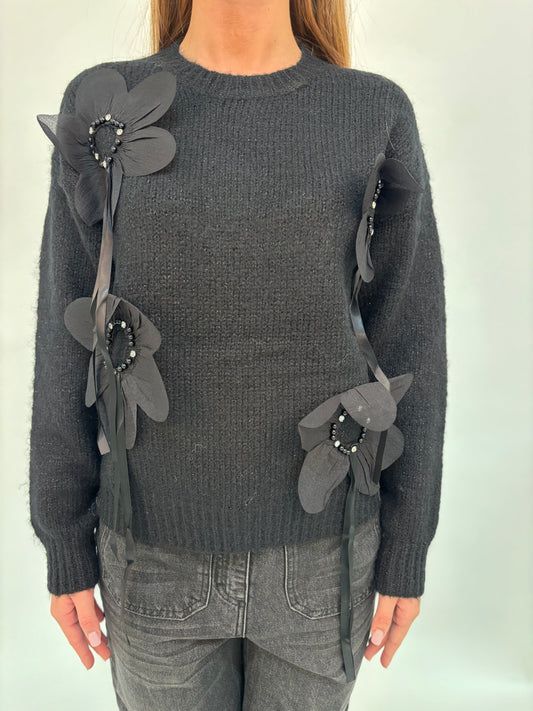 Molly Bracken Maglia ml con applicazione fiori NERO