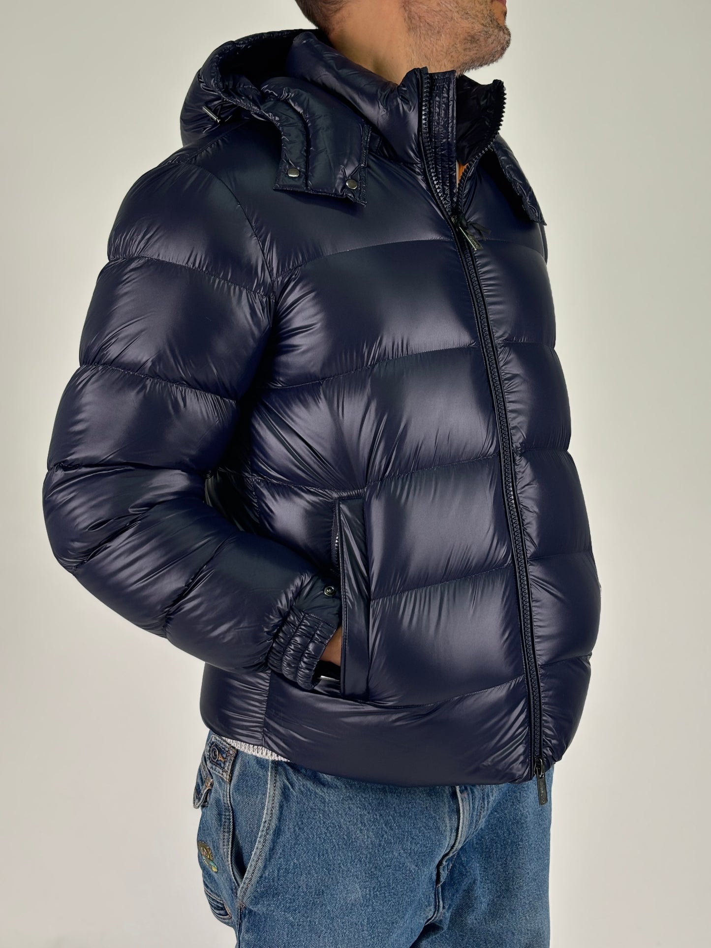 Heskimo piumino corto con cappuccio vera piuma d'oca BLU