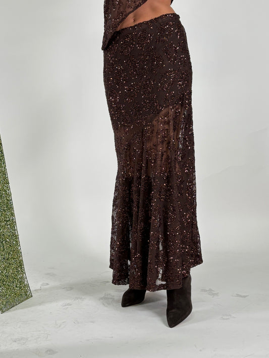 Tensione In Gonna lunga in tulle fant foglie in paillettes MORO