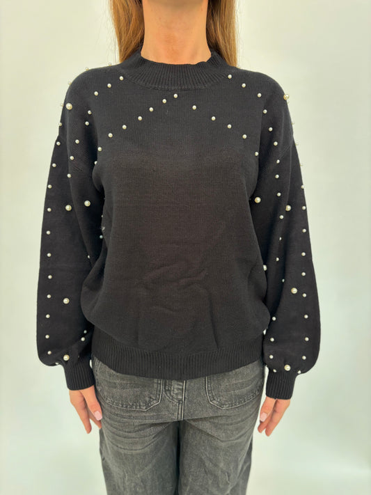 Maglia girocollo ml con perle NERO