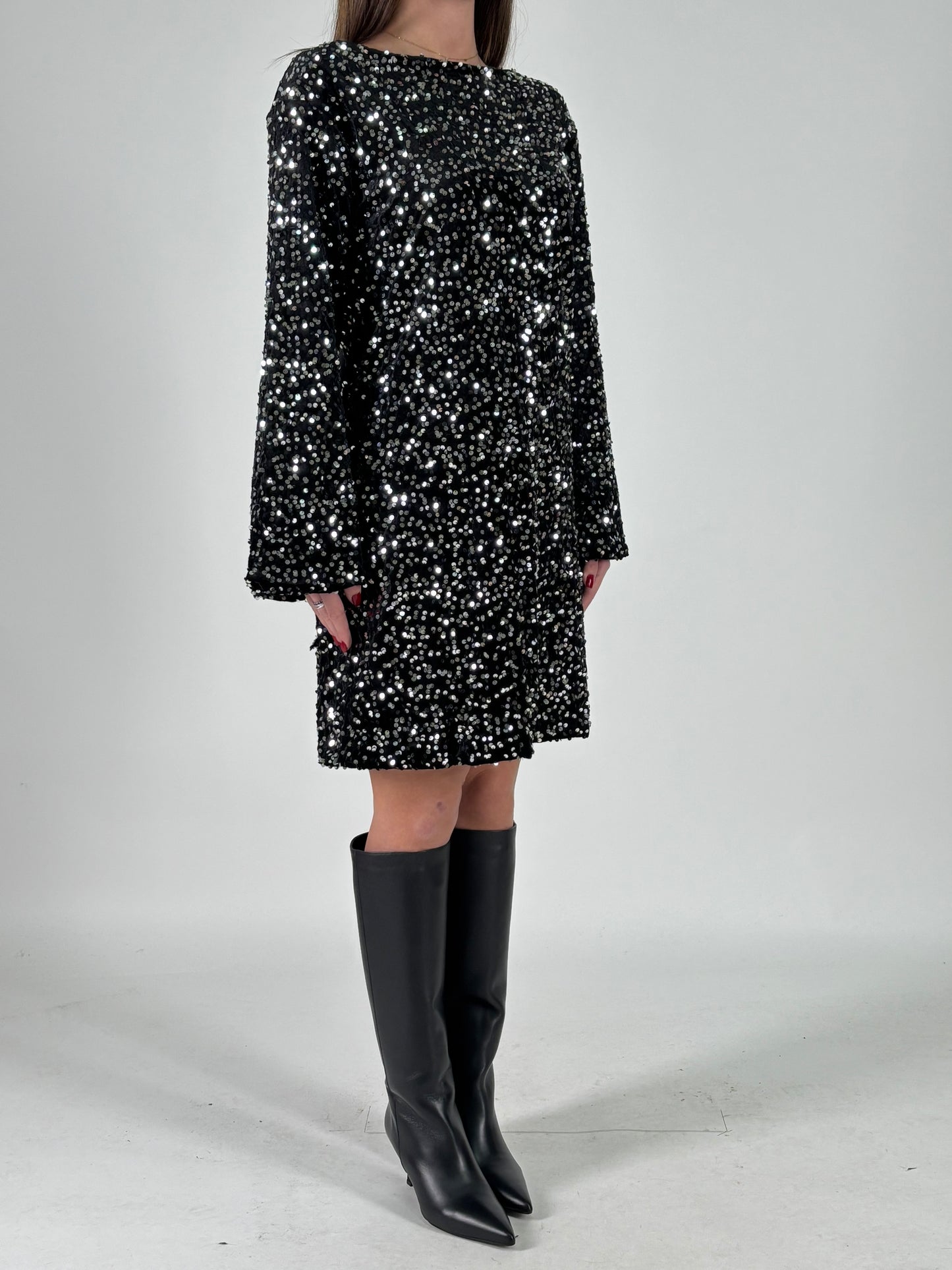 Aglaea Abito corto girocollo ml in paillettes argento NERO