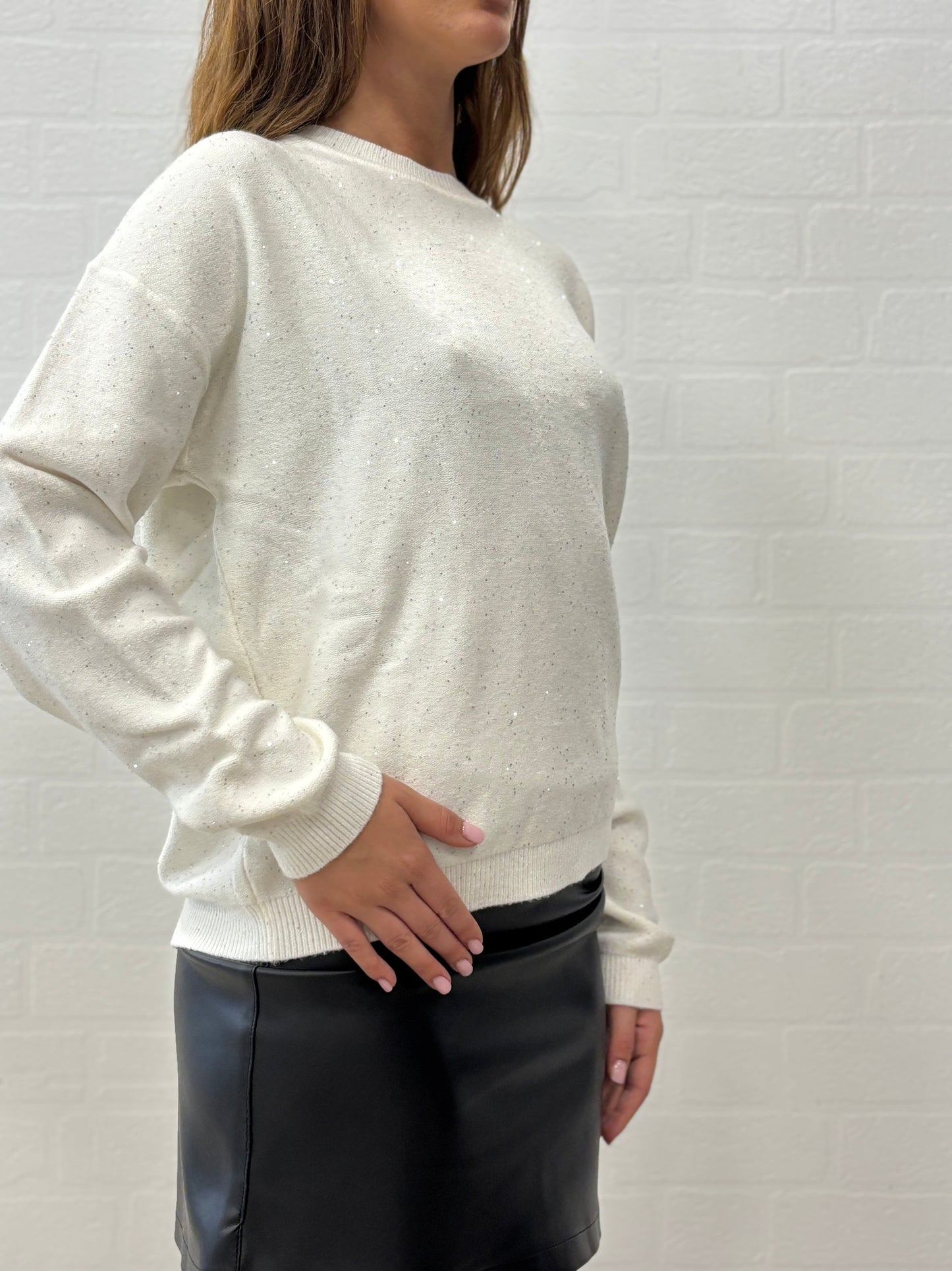 Griffai Maglia over girocollo ml con paillettes argento PANNA