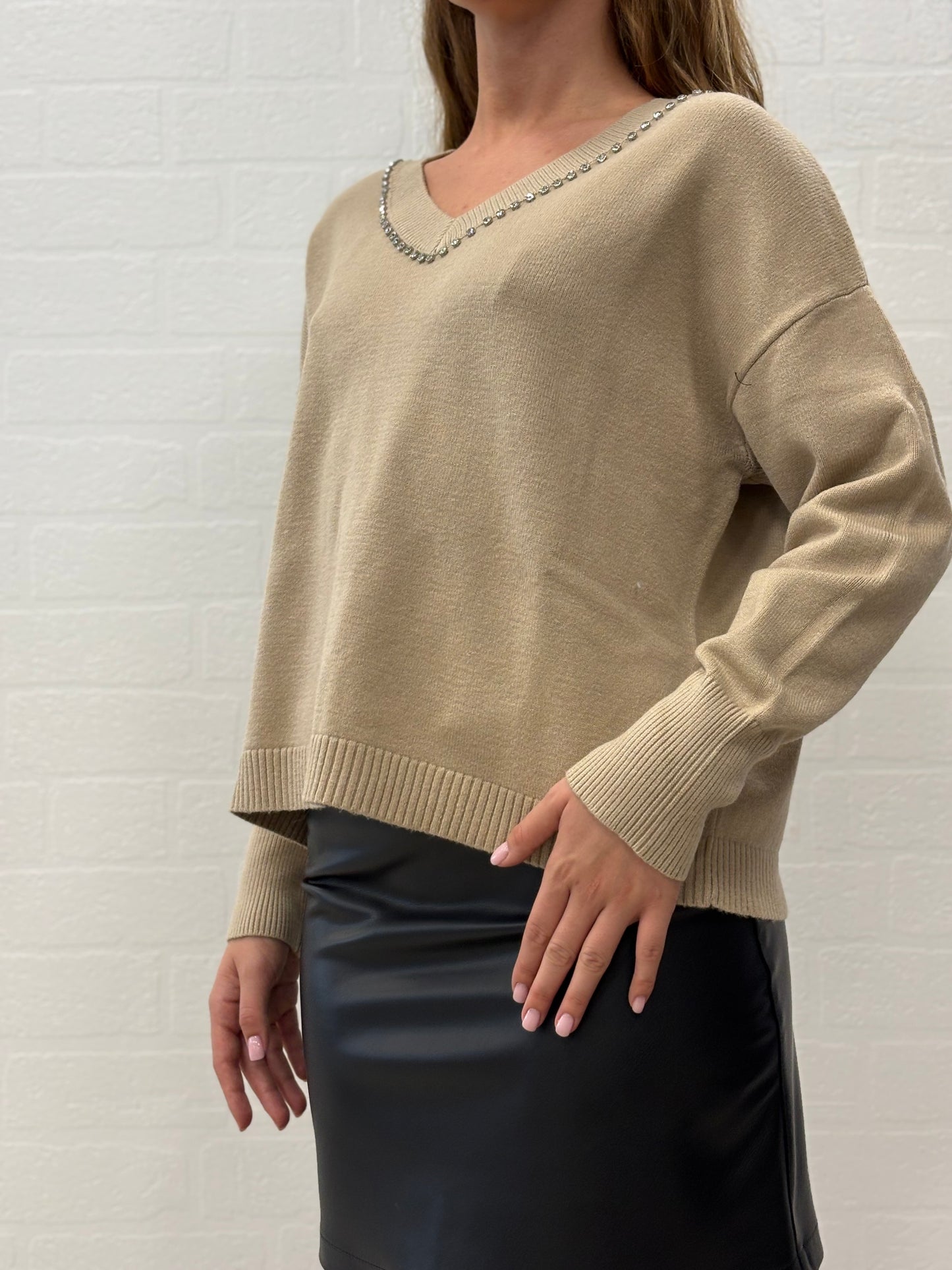 Griffai Maglia ml collo V con strass BEIGE