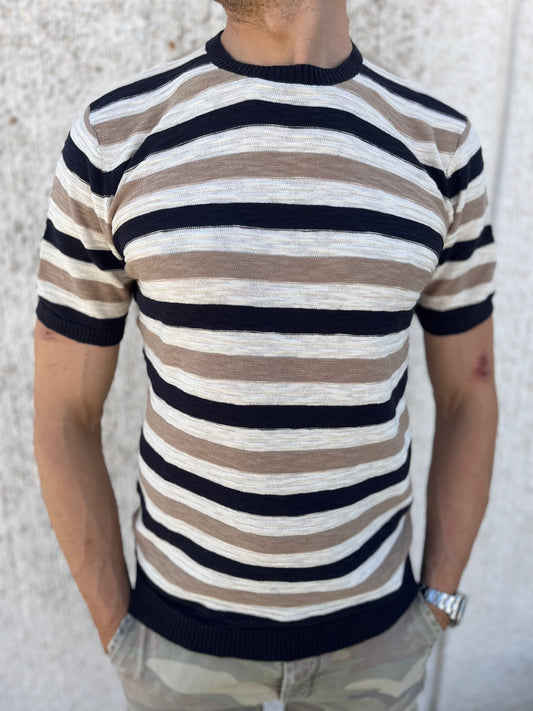 loft88 maglia manica corta in filio RIGATO BLU PANNA BEIGE
