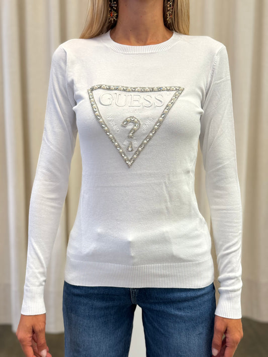 Guess Maglia girocollo con logo frontale con strass BIANCO