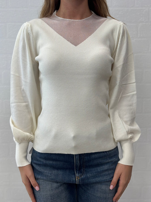 Molly Bracken Maglia girocollo con tulle effetto collo V PANNA