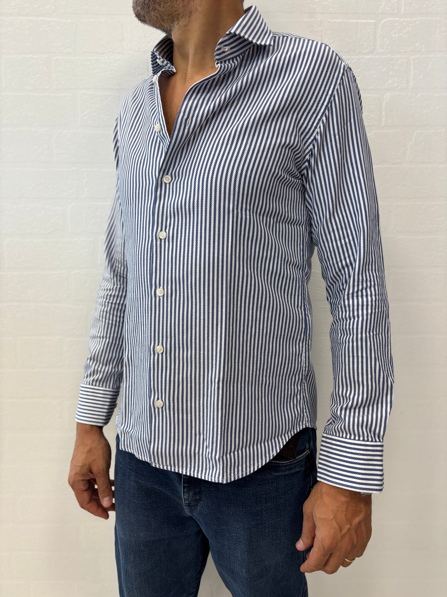 Bastoncino camicia righina blu operata