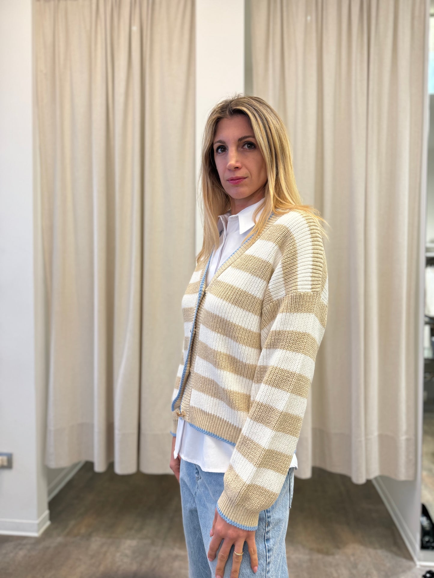 Tensione In cardigan in filo di cotone profilo celeste RIGATO PANNA BEIGE