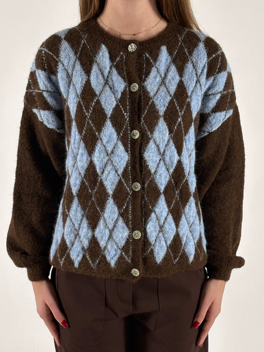 Susy Mix cardigan rombi bottone gioiello MORO-CELESTE