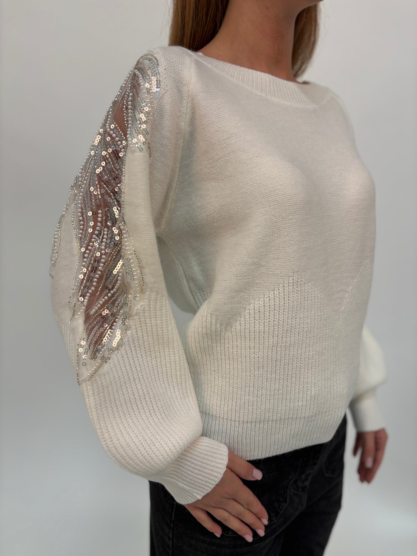 Molly Bracken Maglia con inserto paillettes nella manica PANNA