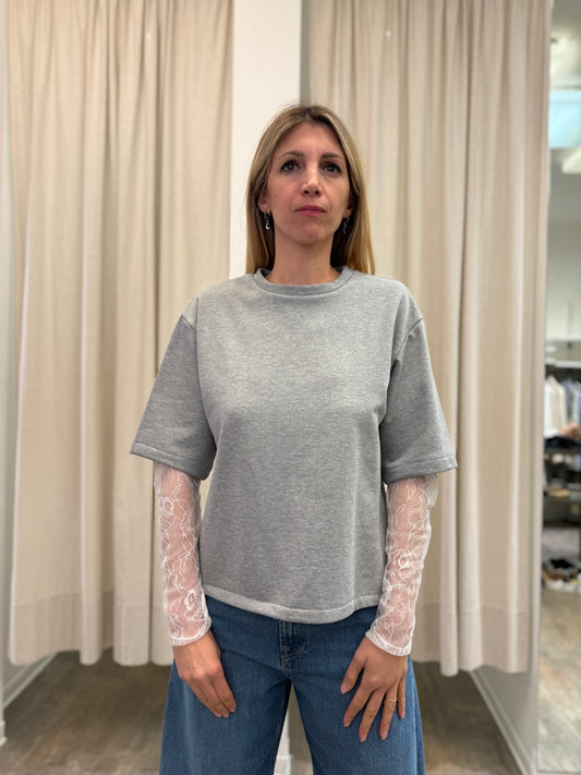 Susy Mix Felpa maniche con pizzo GRIGIO