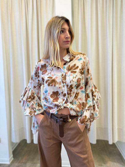 Susy Mix Camicia fant.floreale maniche con rouches BEIGE/TABACCO