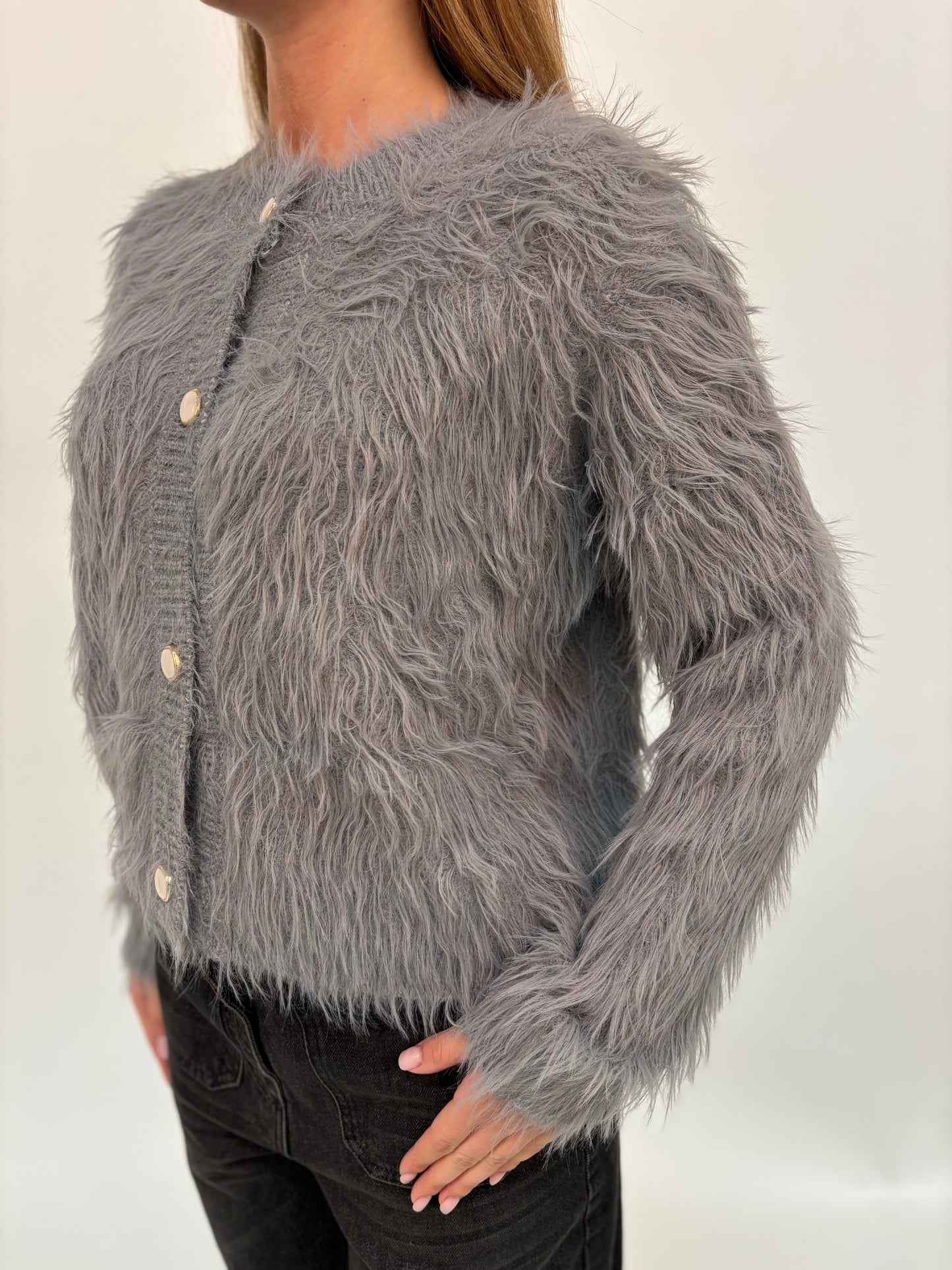 Molly Bracken Cardigan corto girocollo peluche GRIGIO