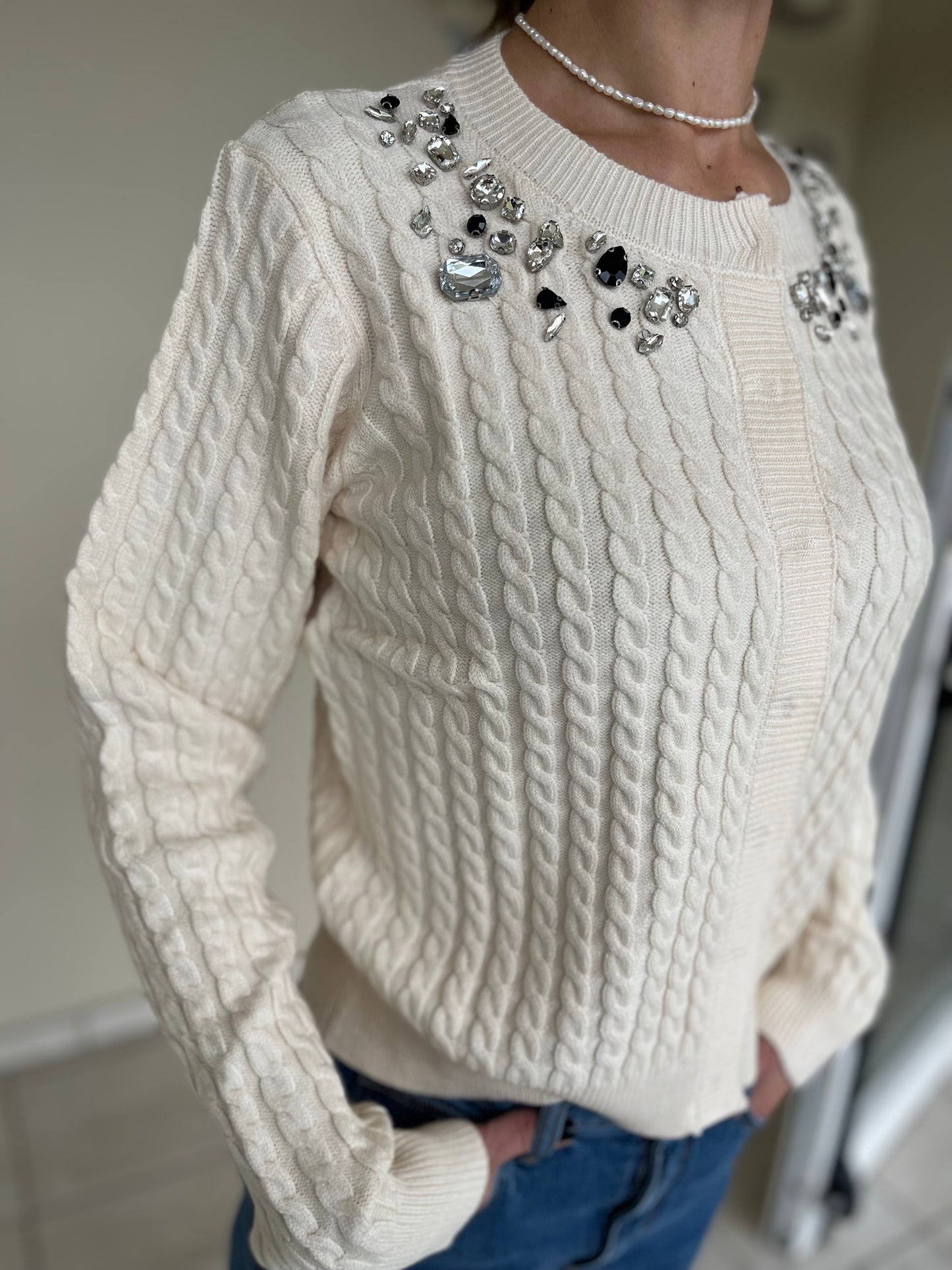 Artigli Cardigan trecce con applicazione pietre AVORIO