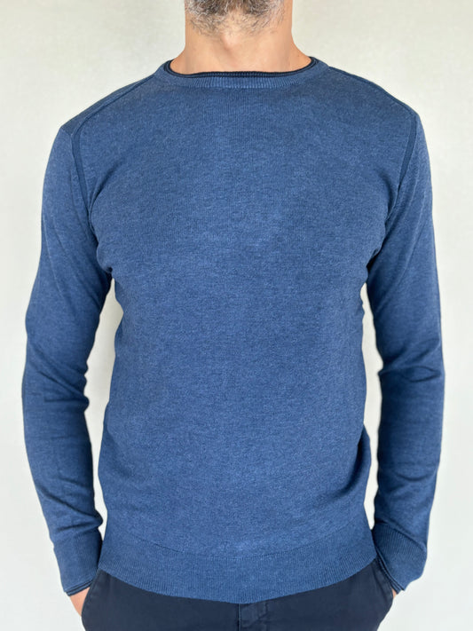 Loft88 Maglia misto lana  girocollo doppio collo con polsini doppi con bottoni BLU DENIM