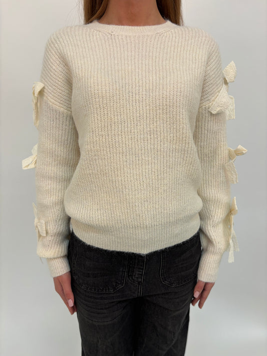 Molly Bracken Maglia girocollo con fiocchi lungo la manica PANNA