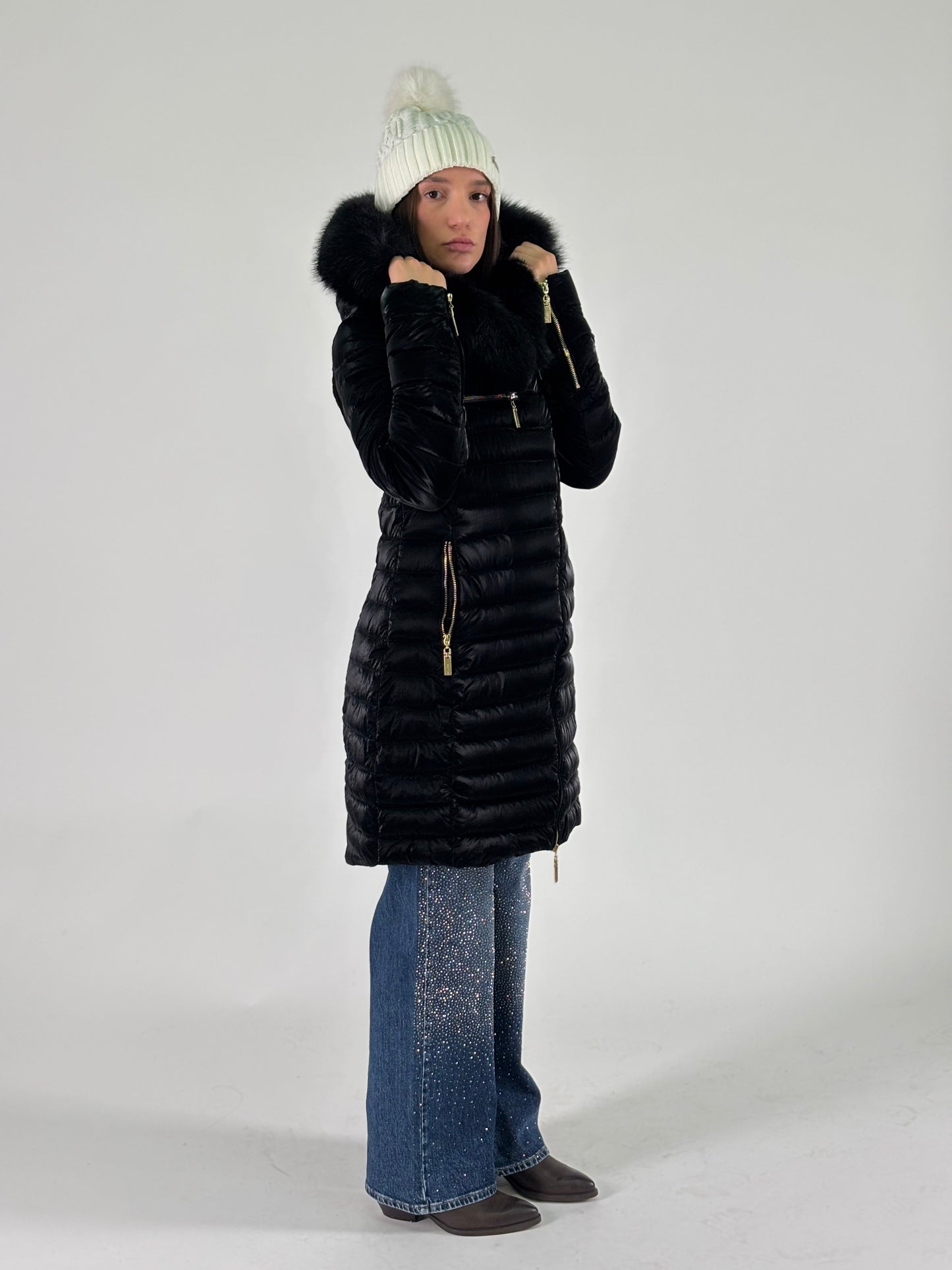 Relish Piumino lungo effetto satin con cappuccio NERO