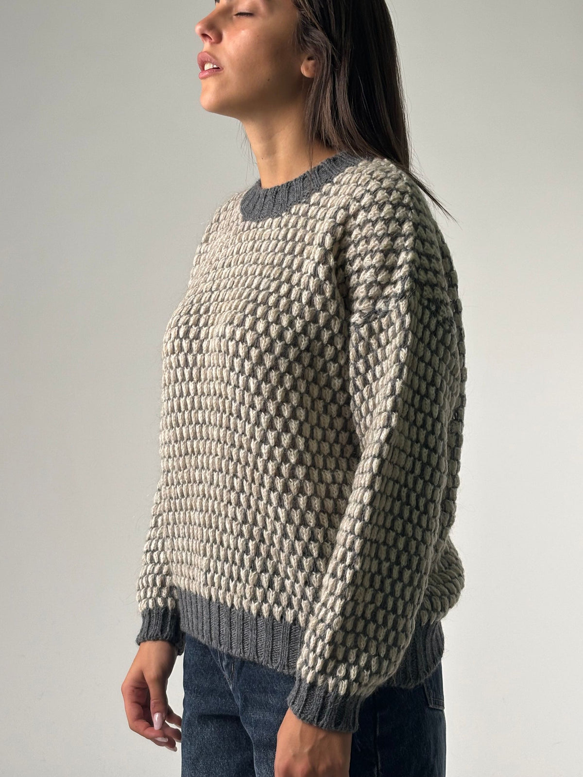 Maglia giro lavorata panna