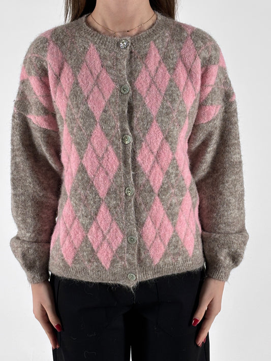 Susy Mix cardigan rombi bottone gioiello ROSA-GRIGIO