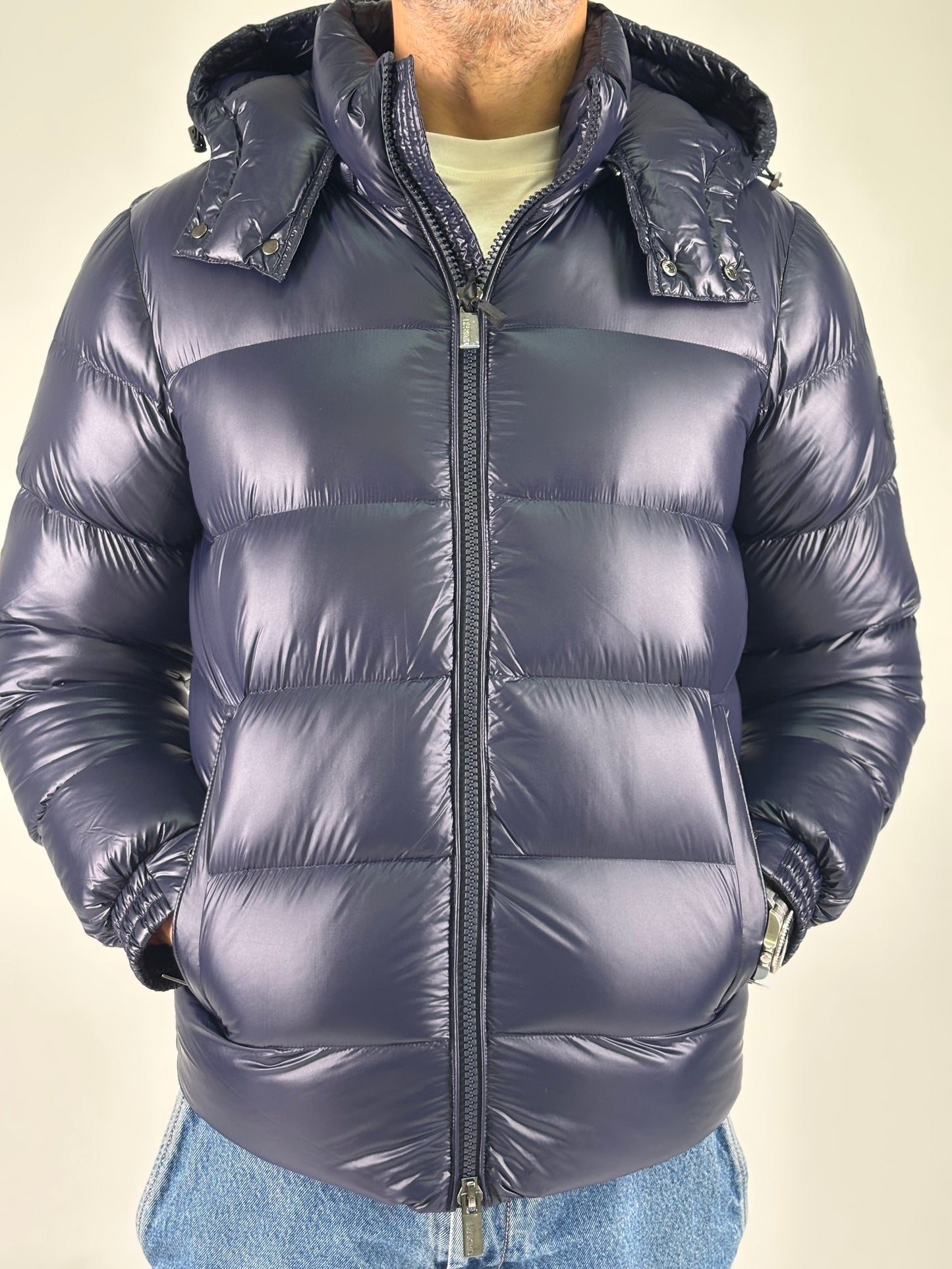 Heskimo piumino corto con cappuccio vera piuma d'oca BLU