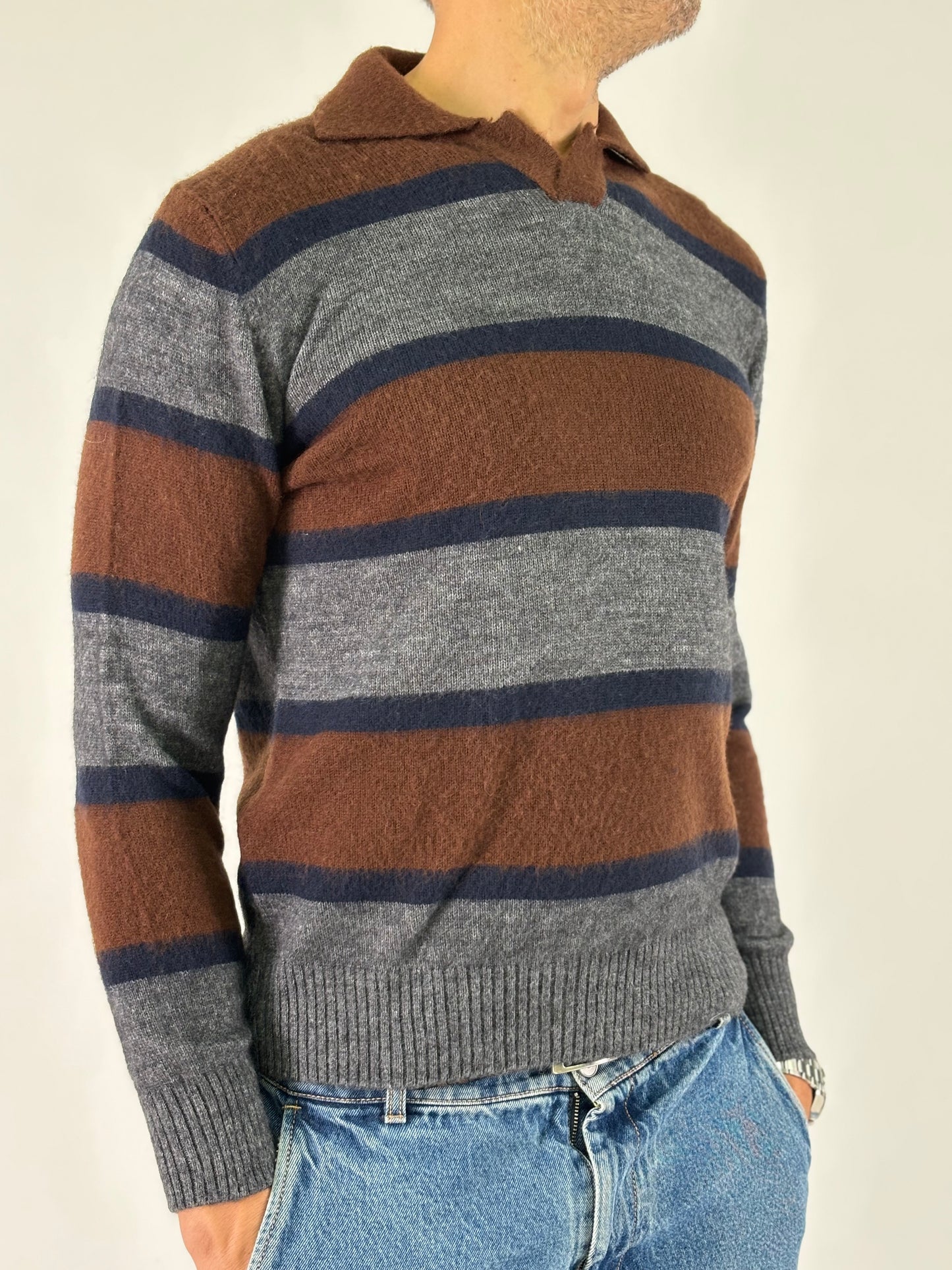 Retois Polo ml a righe in lana MARRONE/GRIGIO/BLU