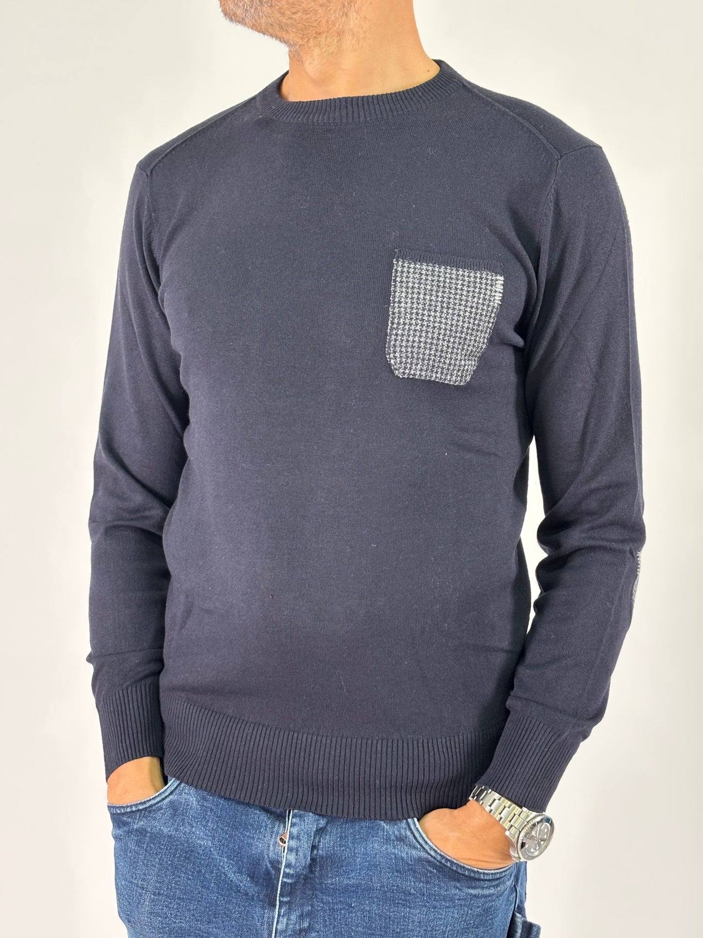 Loft88 Maglia girocollo taschino e toppe pied de poule BLU