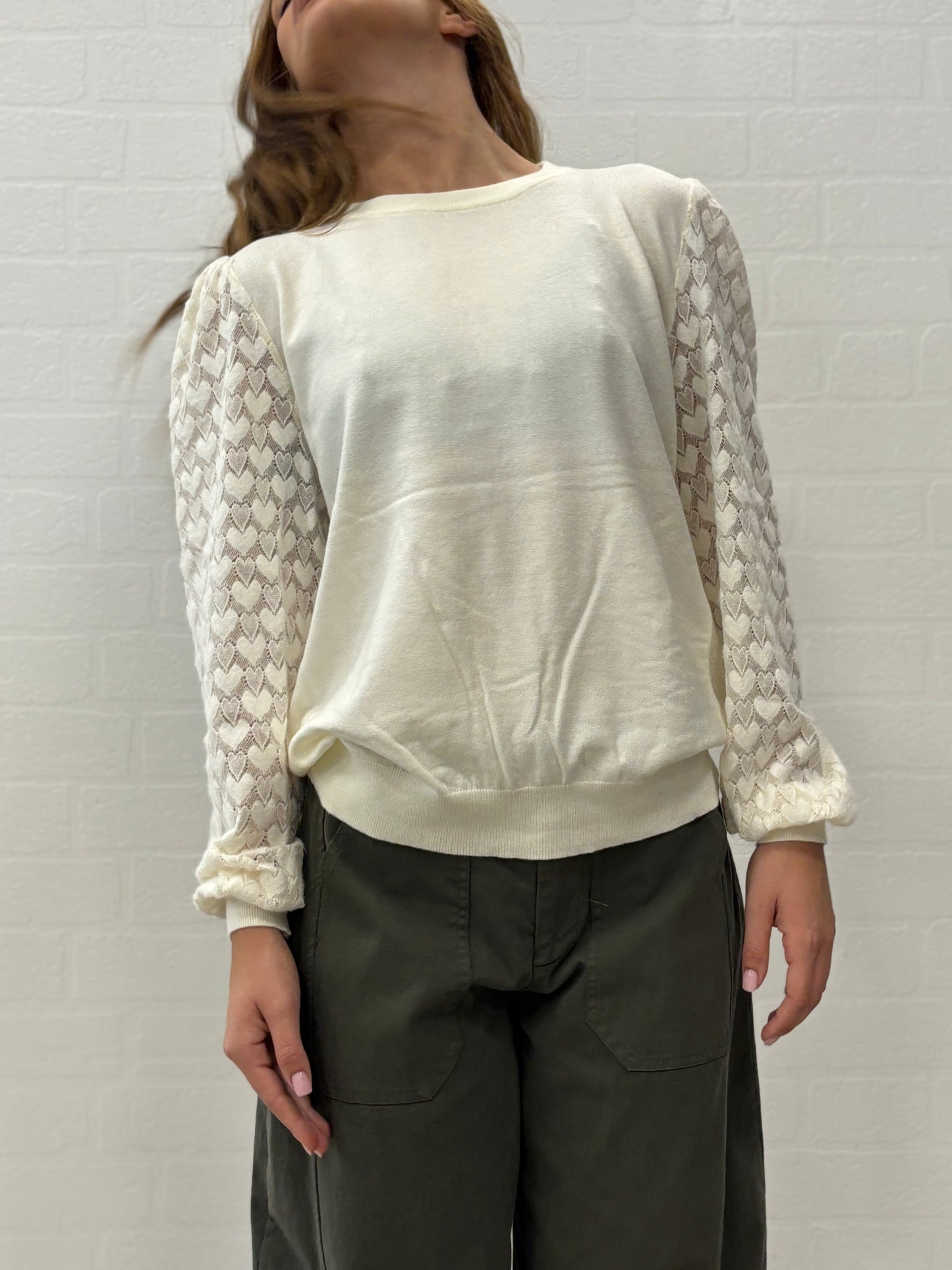 Molly Bracken maglia girocollo cn ml in pizzo PANNA