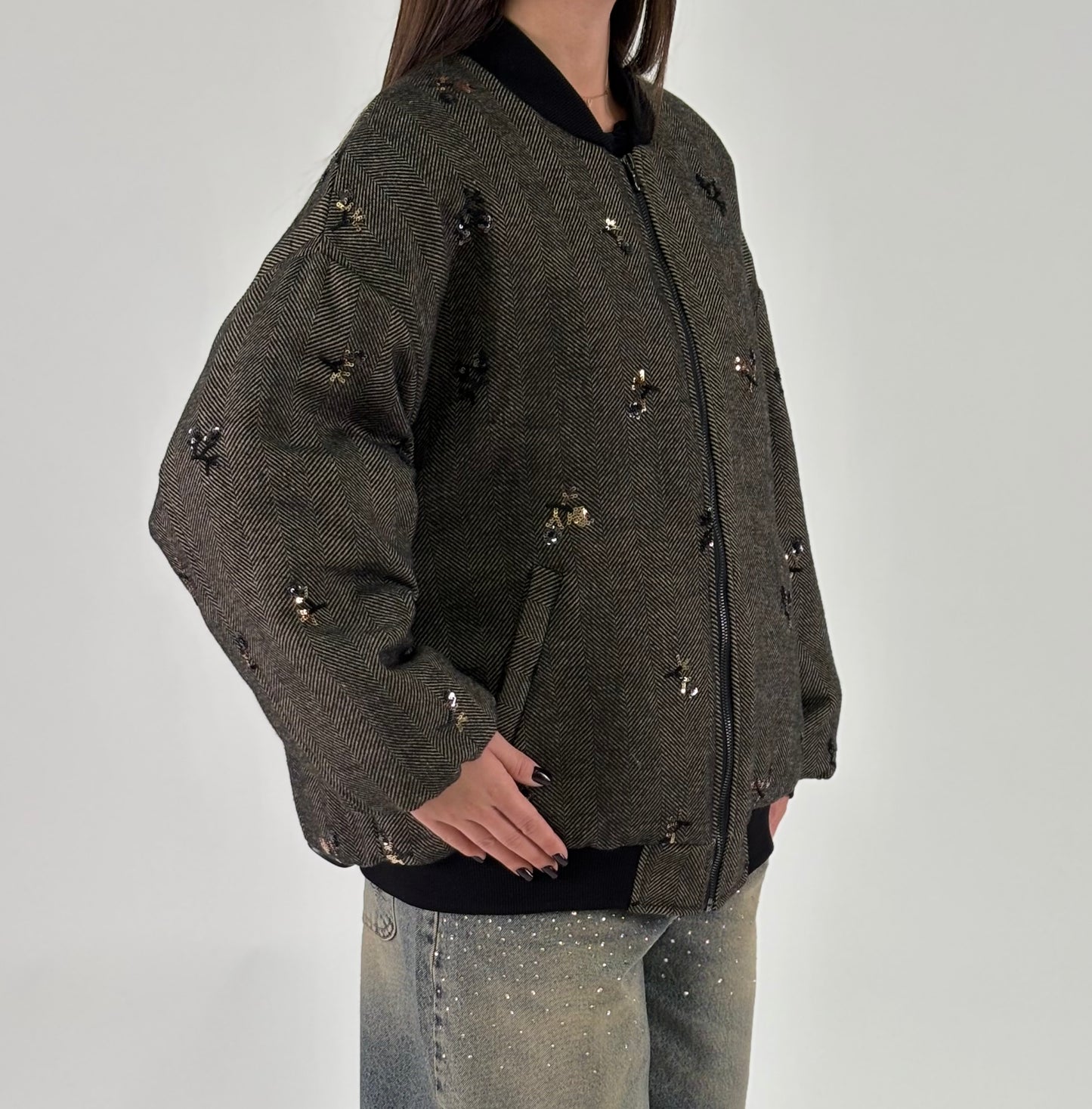 Susy Mix Giubbino bomber spinato NERO/BEIGE