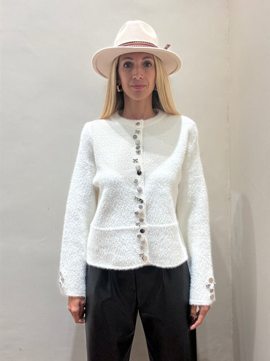 Dixie Cardigan con appl. bottoni e pietre girocollo PANNA