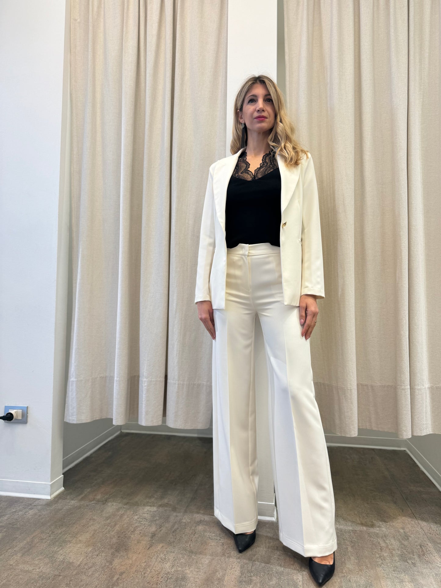 Maryley Pantalone largo con elastico in vita dietro PANNA