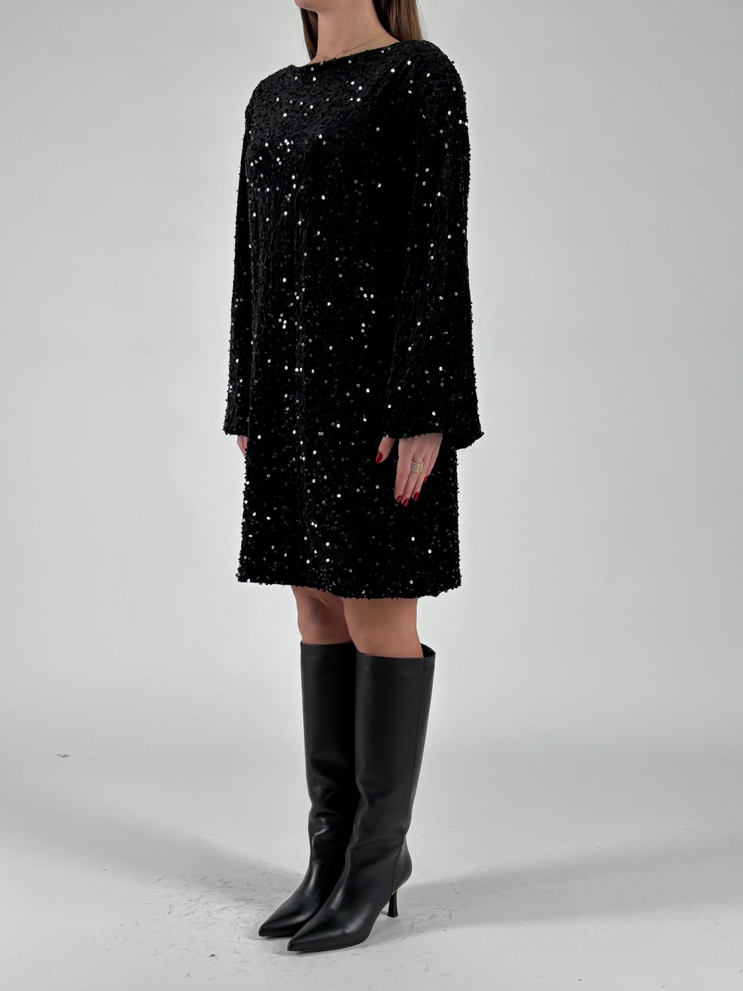 Aglaea Abito corto girocollo ml in paillettes nere NERO