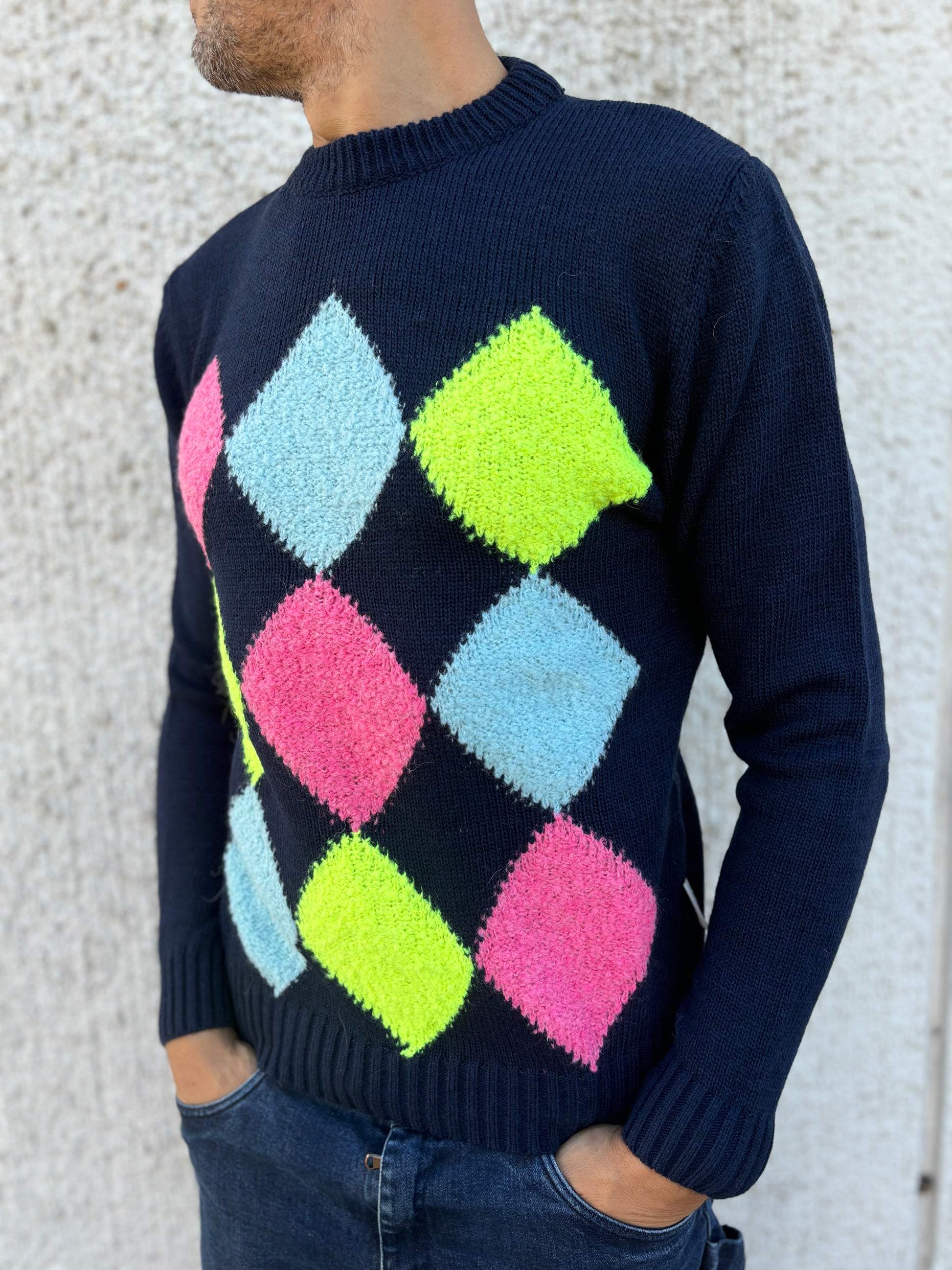 Berna Maglia girocollo in lana fantasia rombi BLU M