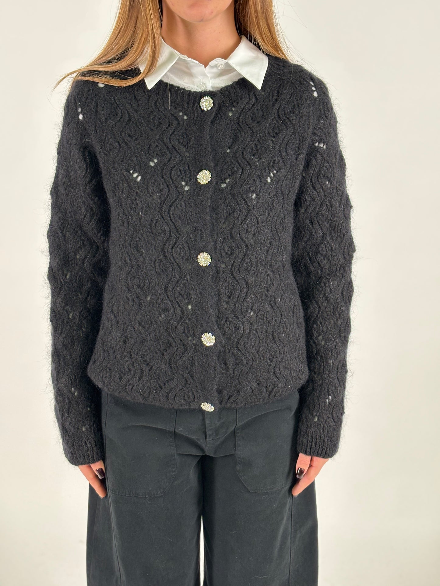 Eco Cardigan corto con bottoni gioiello NERO