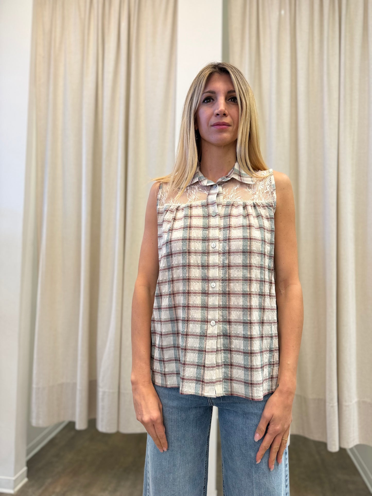 Susy Mix Camicia a quadri con pizzi VERDE SALVIA/BEIGE