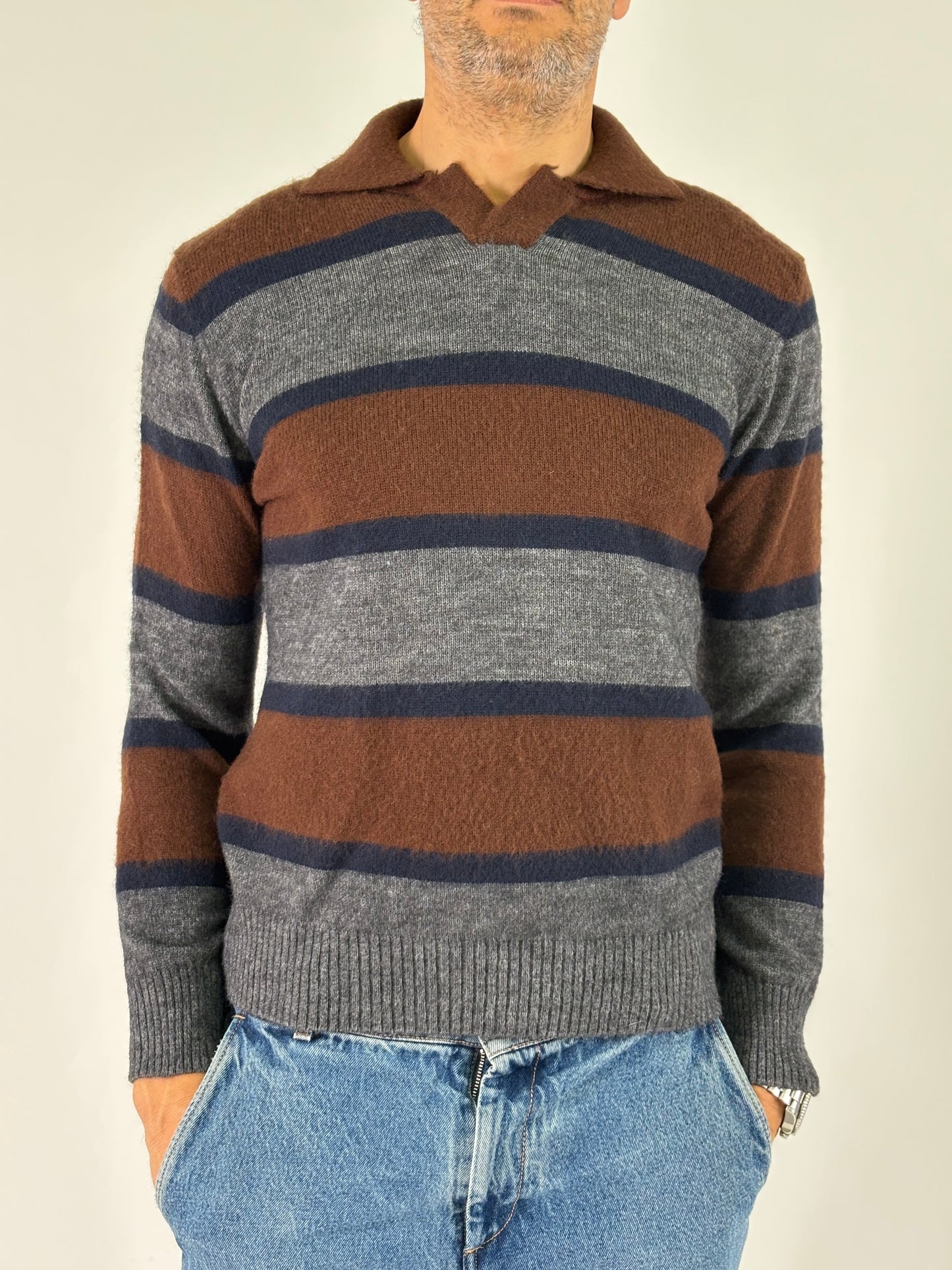 Retois Polo ml a righe in lana MARRONE/GRIGIO/BLU