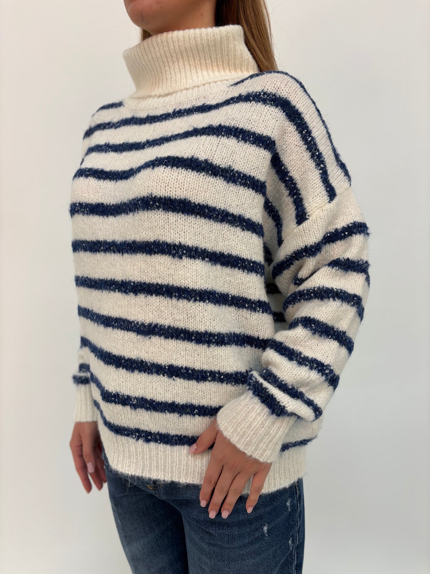 Molly Bracken Maglia collo alto righe orizzontali blu PANNA