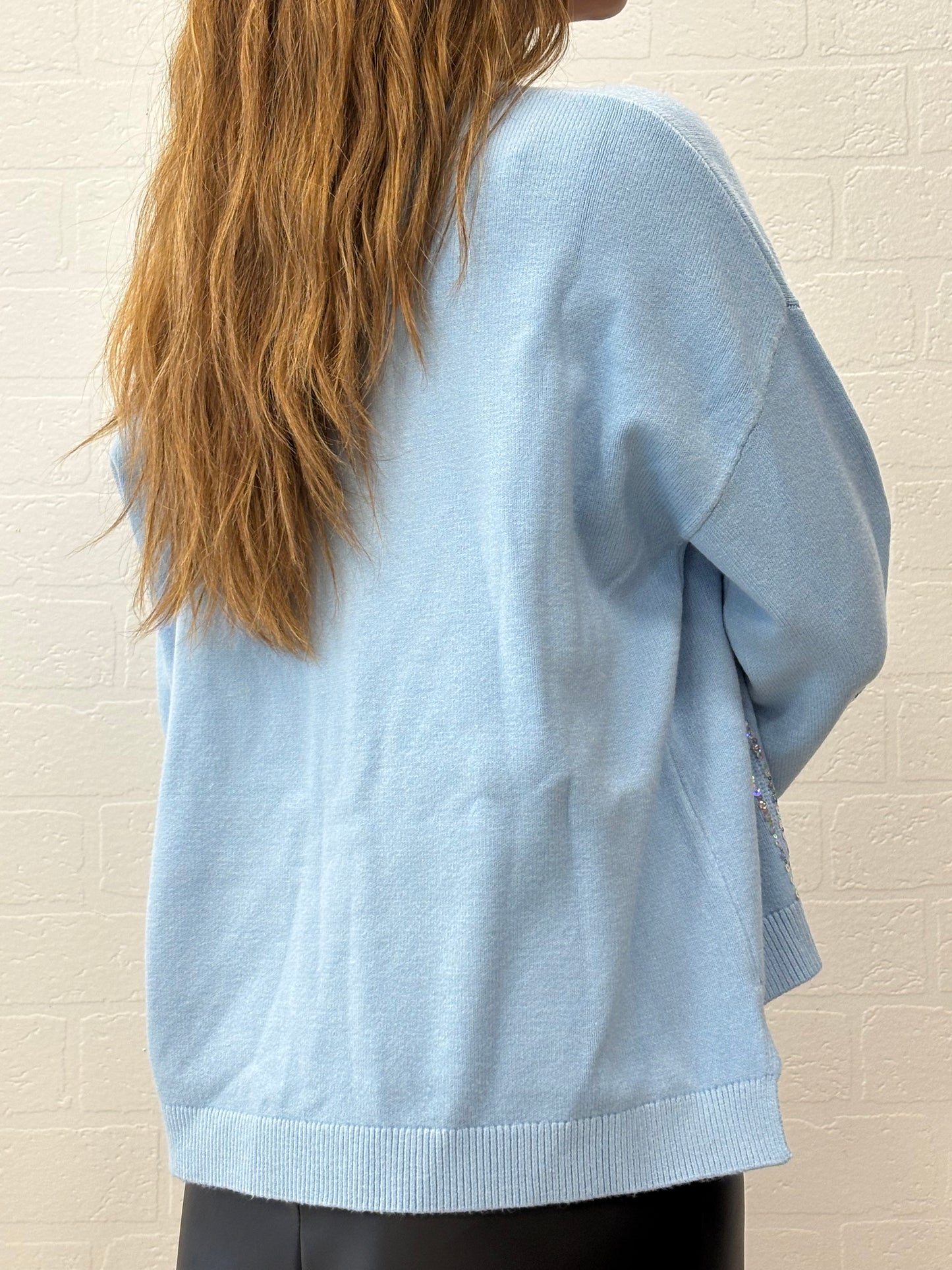 Griffai Maglia over collo V  con paillettes CELESTE