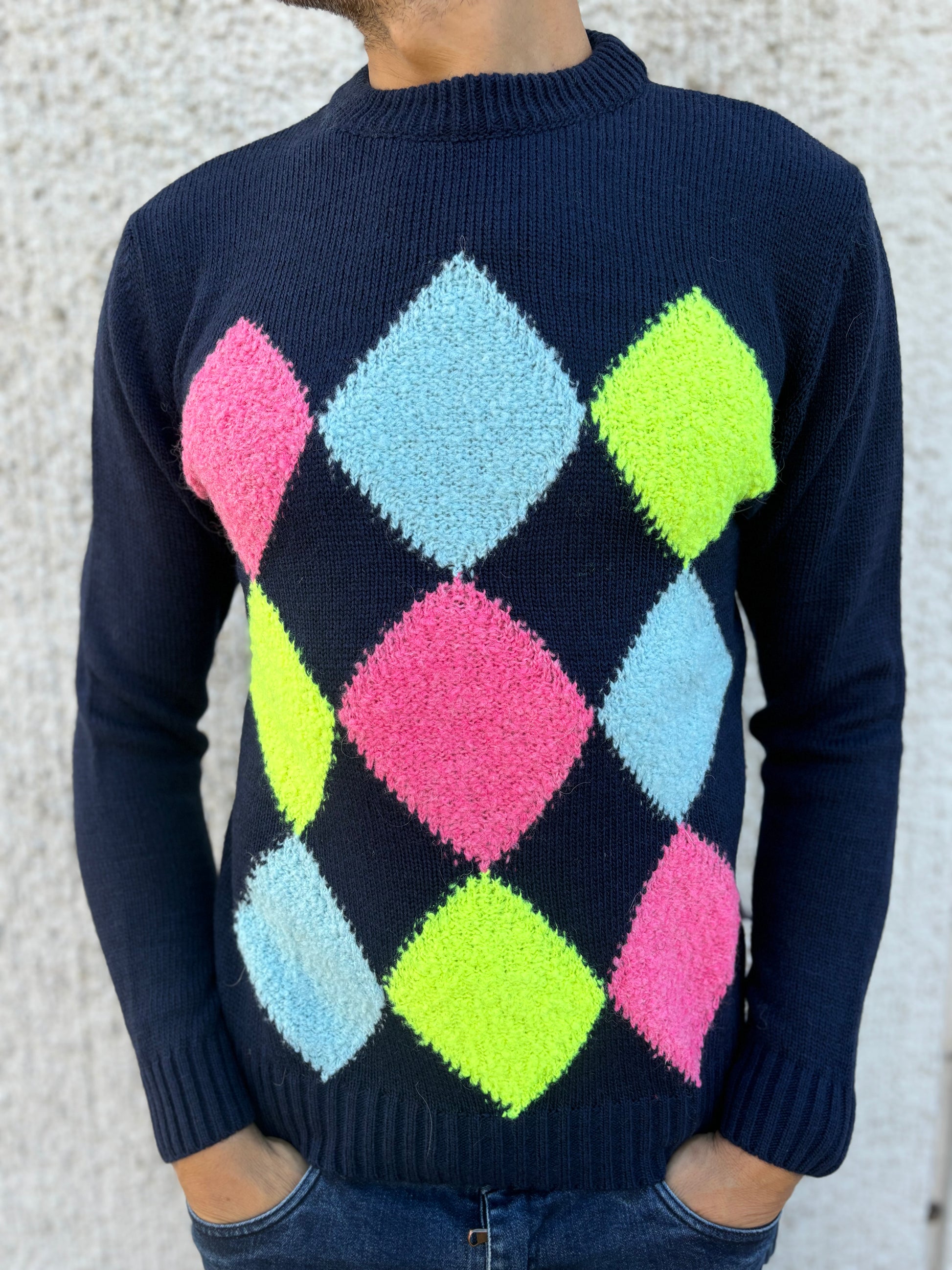 Berna Maglia girocollo in lana fantasia rombi BLU M