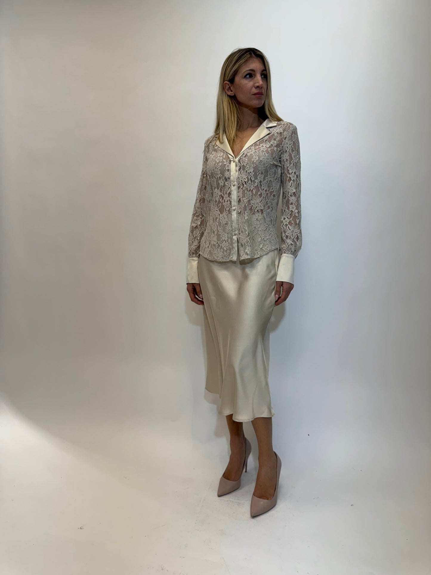 Kocca Camicia pizzo e micro paillettes con bordature raso AVORIO