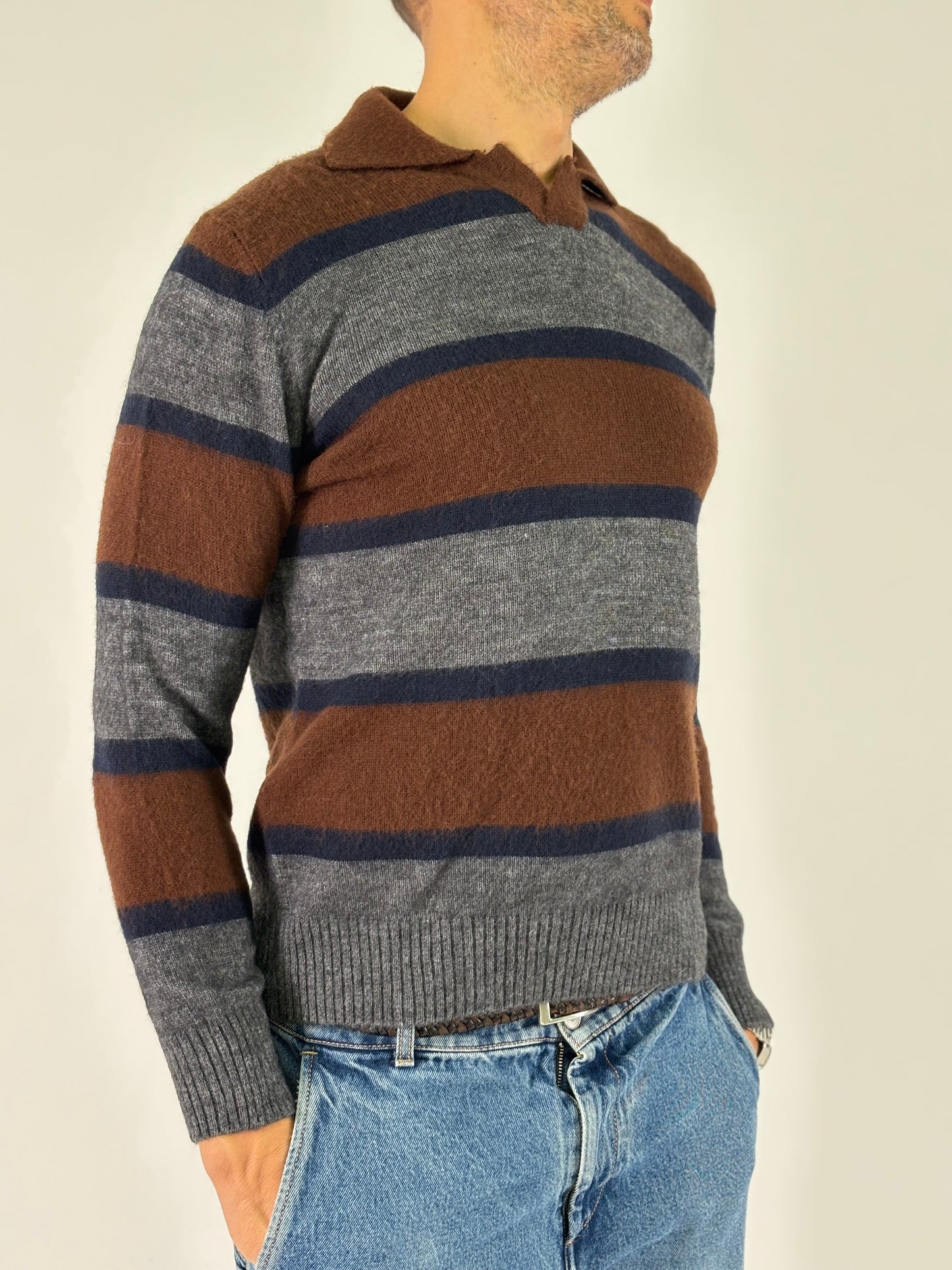 Retois Polo ml a righe in lana MARRONE/GRIGIO/BLU