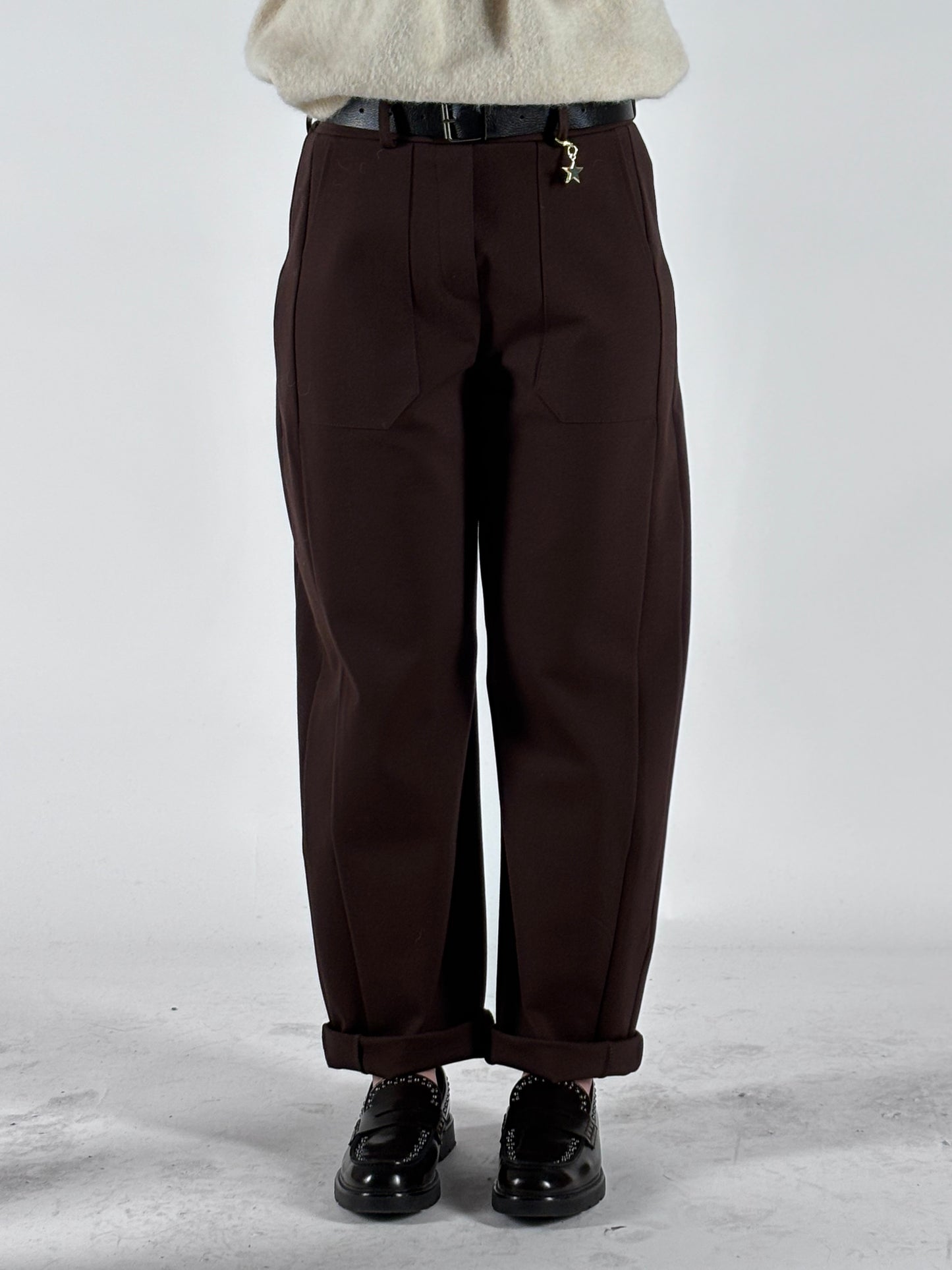 Susy Mix Pantalone ovetto punto milano con cinta MARRONE