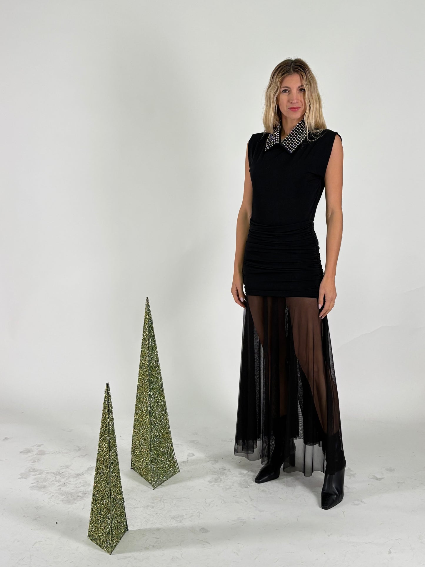 Haveone Abito lungo con colletto di strass staccabile NERO